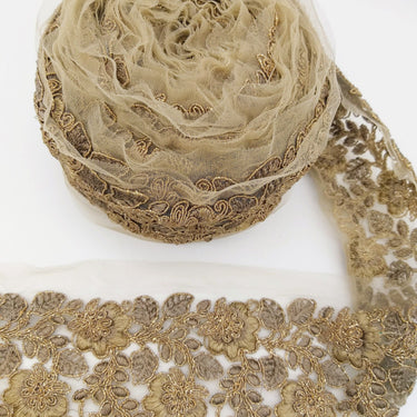 Grey Net Fabric Lace Trim with Floral Embroidery, Lace Trim, Sari Border